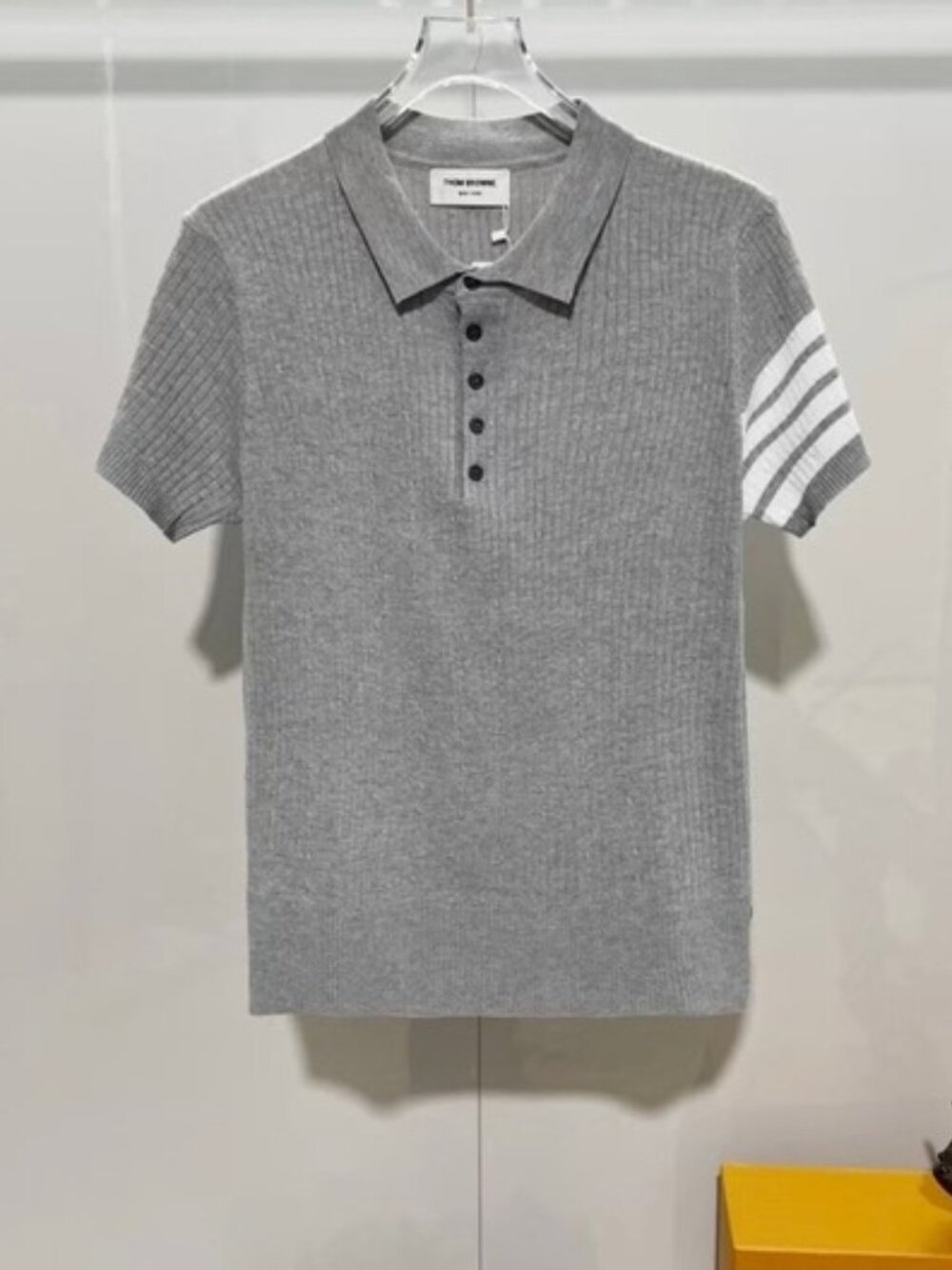 THOM BROWNE Four-Stripe Summer Knit Sweater for Men, Collared Short Sleeve